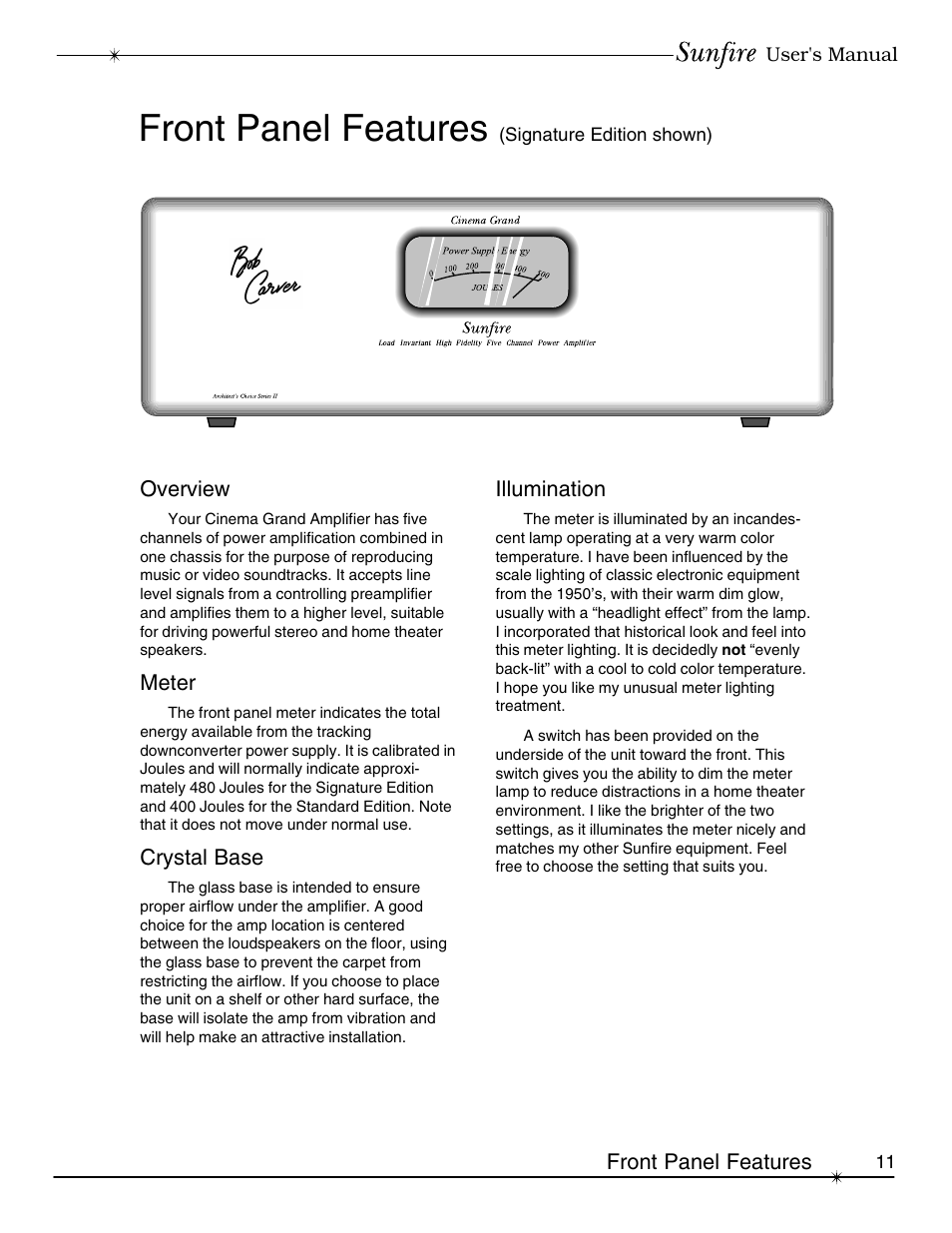 Front panel features | Sunfire cinema grand Series II User Manual | Page 11 / 24