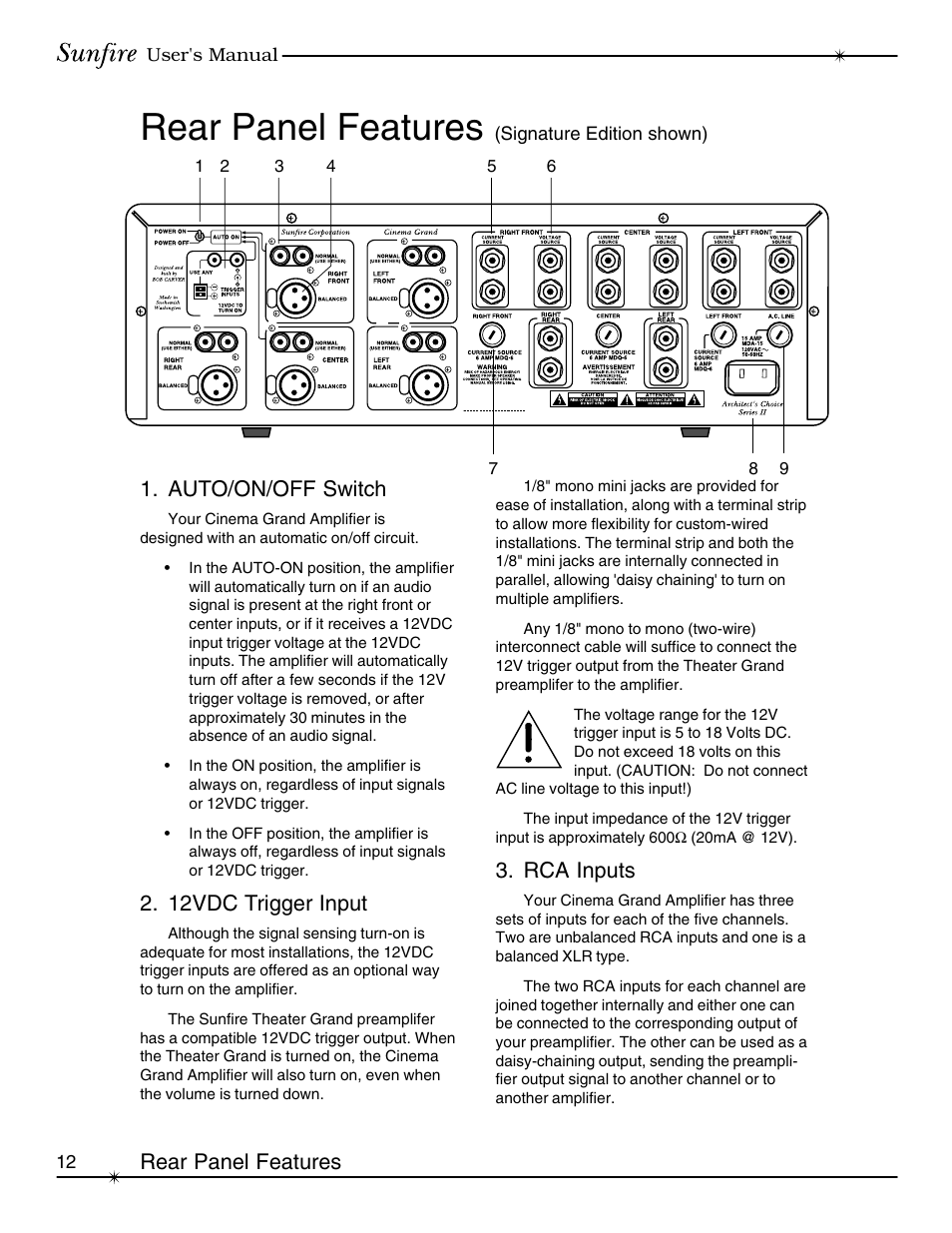 Rear panel features, Rear panel features 1. auto/on/off switch, 12vdc trigger input | Rca inputs | Sunfire cinema grand Series II User Manual | Page 12 / 24