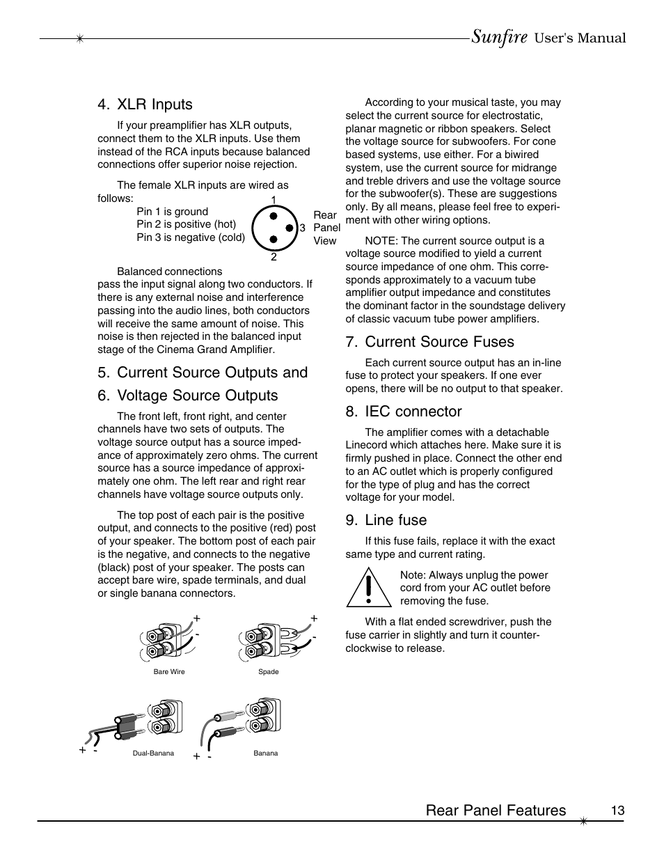 Xlr inputs, Rear panel features, Current source fuses | Iec connector, Line fuse | Sunfire cinema grand Series II User Manual | Page 13 / 24