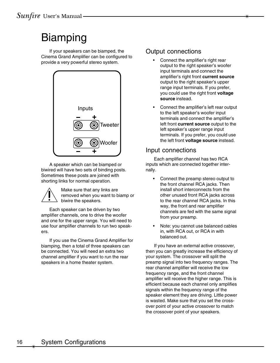 Biamping, System configurations output connections, Input connections | Sunfire cinema grand Series II User Manual | Page 16 / 24