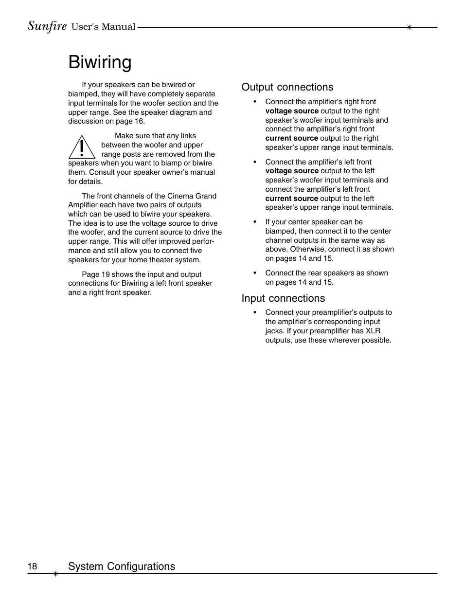 Biwiring, System configurations output connections, Input connections | Sunfire cinema grand Series II User Manual | Page 18 / 24