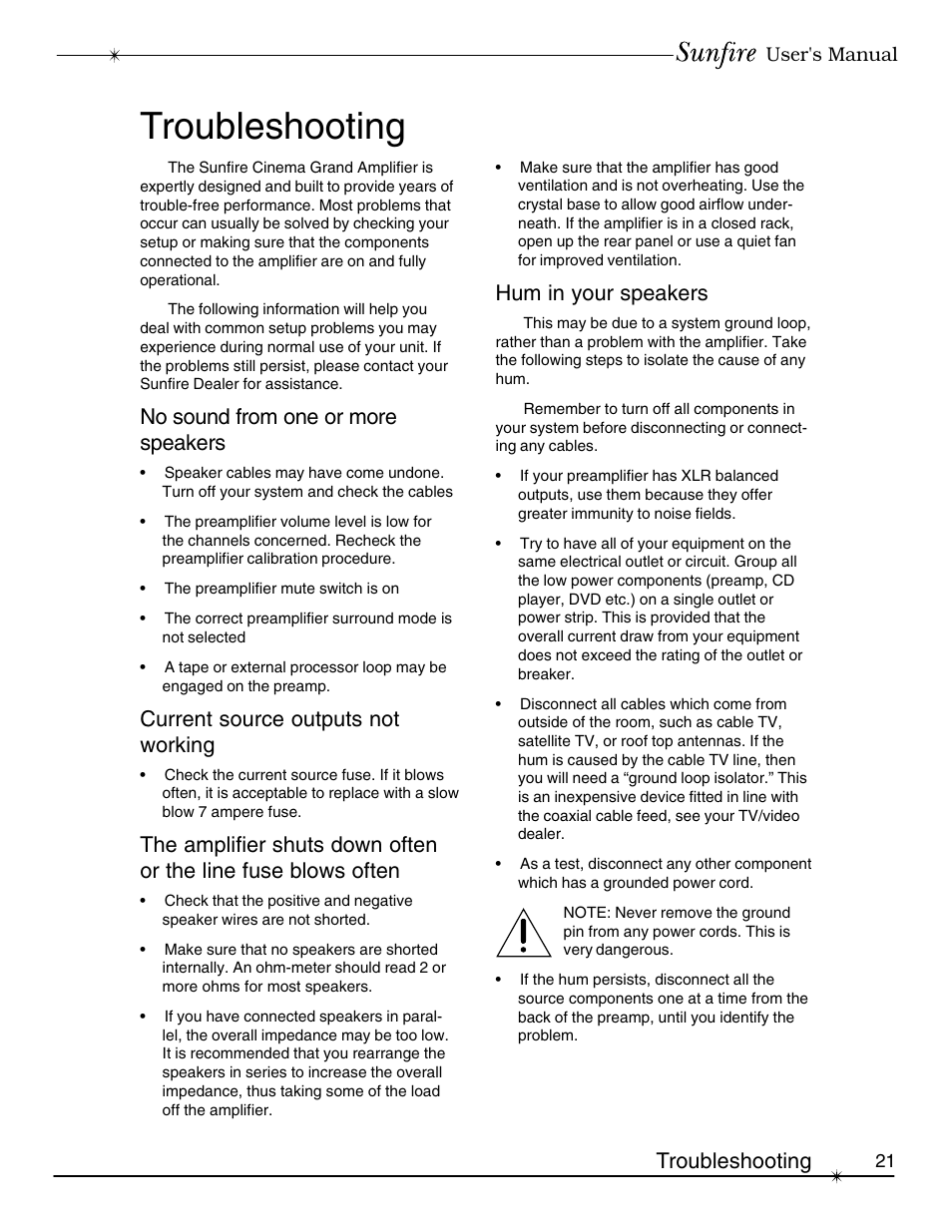 Troubleshooting, No sound from one or more speakers, Current source outputs not working | Hum in your speakers | Sunfire cinema grand Series II User Manual | Page 21 / 24