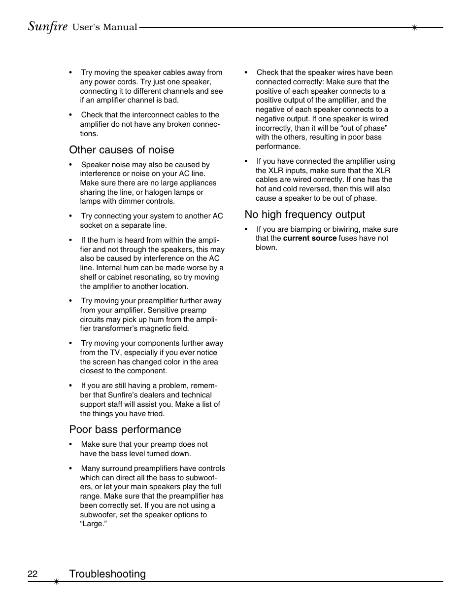 Other causes of noise, Poor bass performance, No high frequency output | Troubleshooting | Sunfire cinema grand Series II User Manual | Page 22 / 24