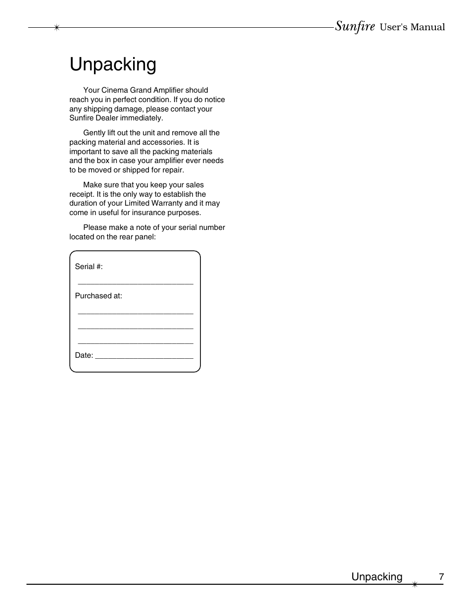 Unpacking | Sunfire cinema grand Series II User Manual | Page 7 / 24