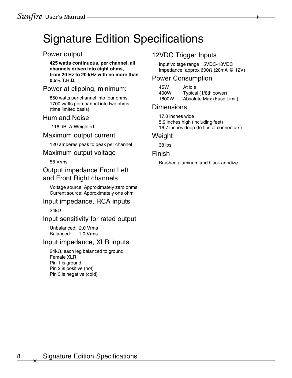 Signature edition specifications | Sunfire cinema grand Series II User Manual | Page 8 / 24