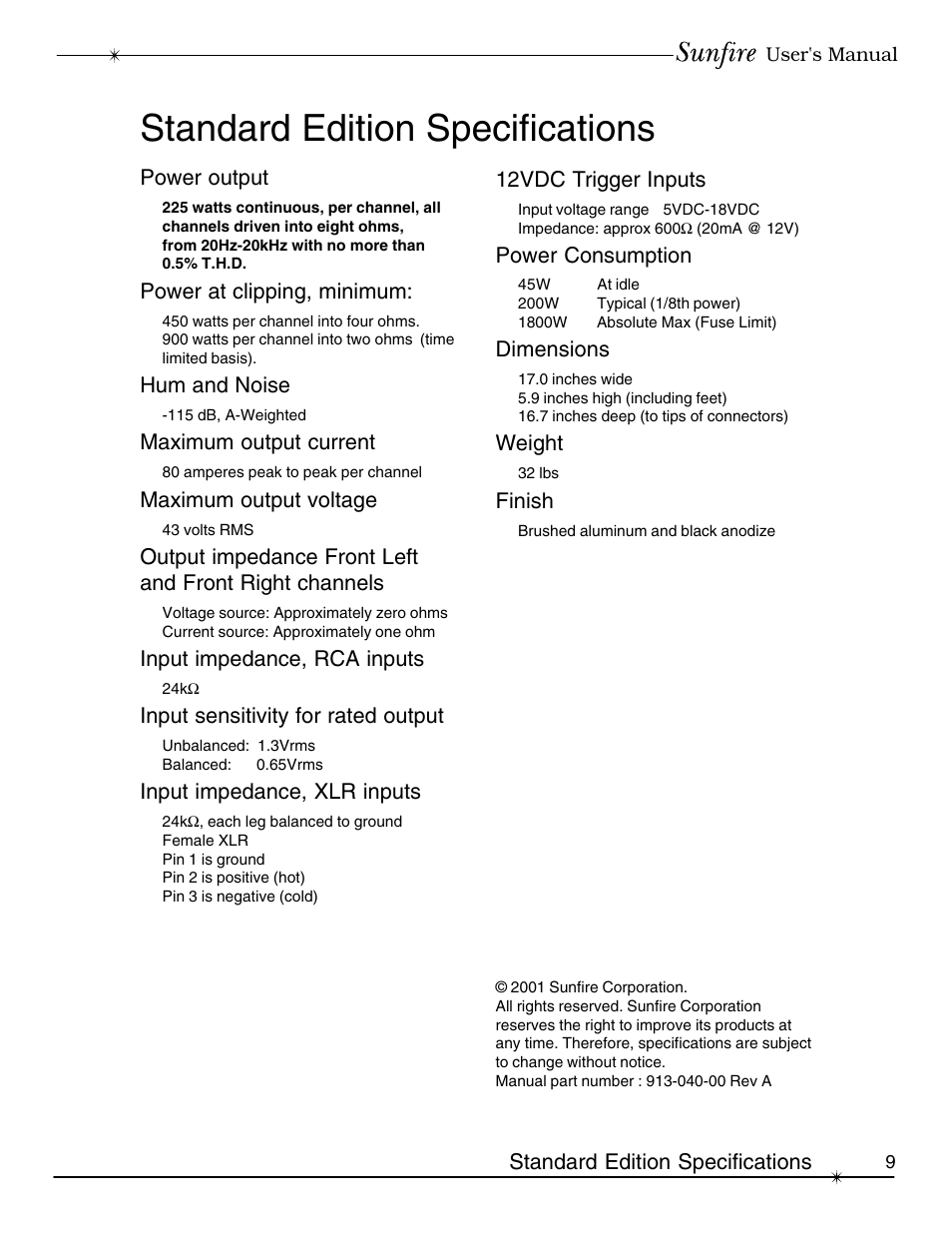 Standard edition specifications | Sunfire cinema grand Series II User Manual | Page 9 / 24