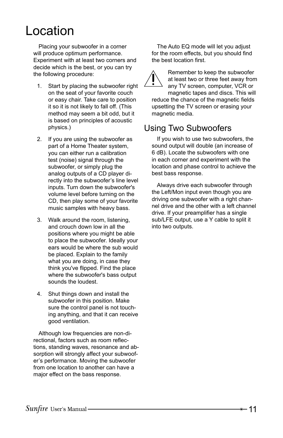 Location, Using two subwoofers | Sunfire Solitaire 12 User Manual | Page 11 / 24