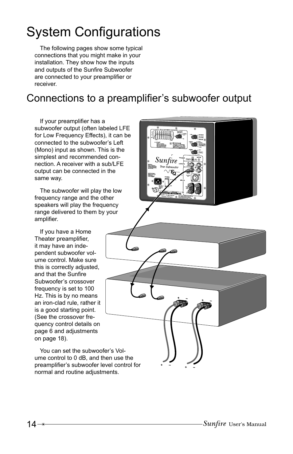System conþ gurations, Connections to a preampliþ er’s subwoofer output | Sunfire Solitaire 12 User Manual | Page 14 / 24