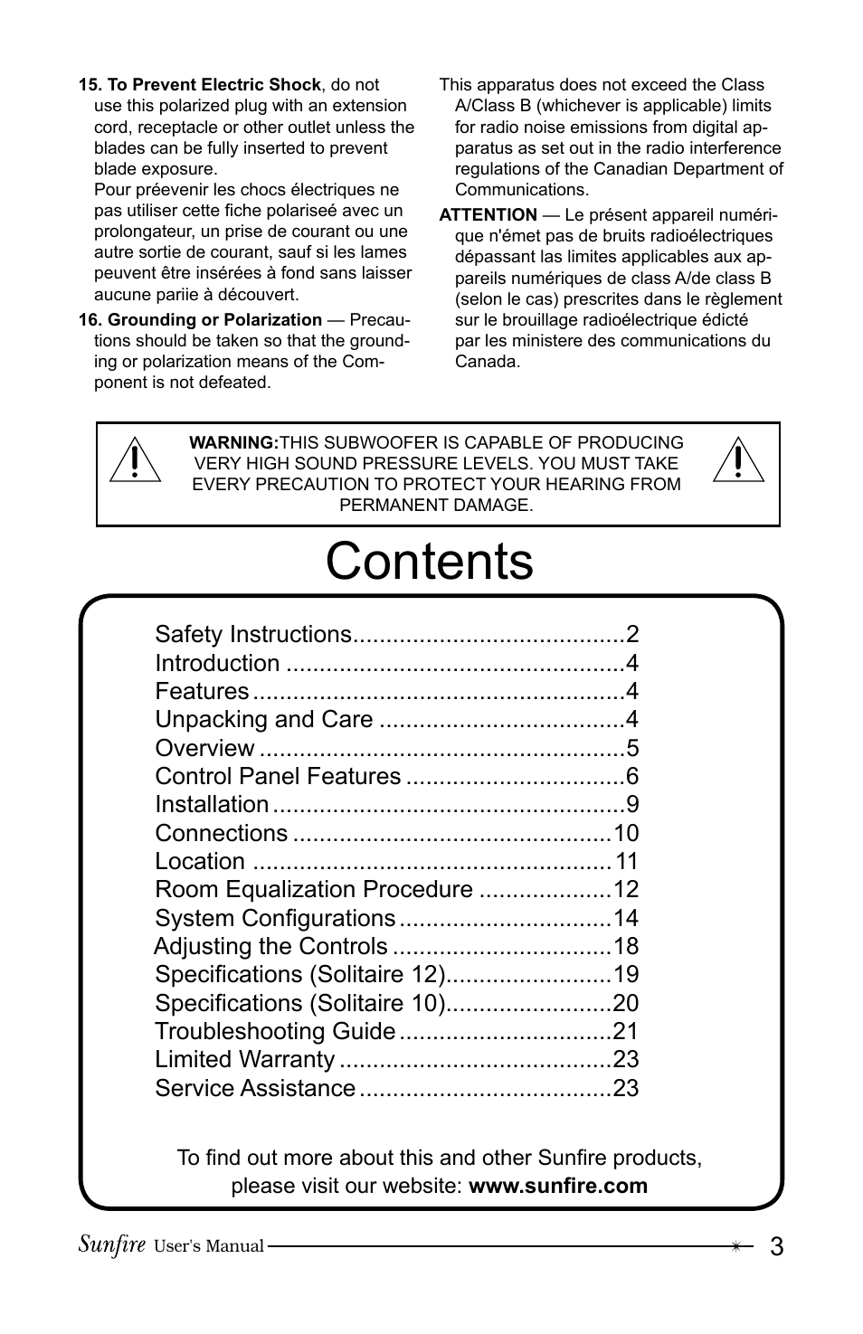Sunfire Solitaire 12 User Manual | Page 3 / 24