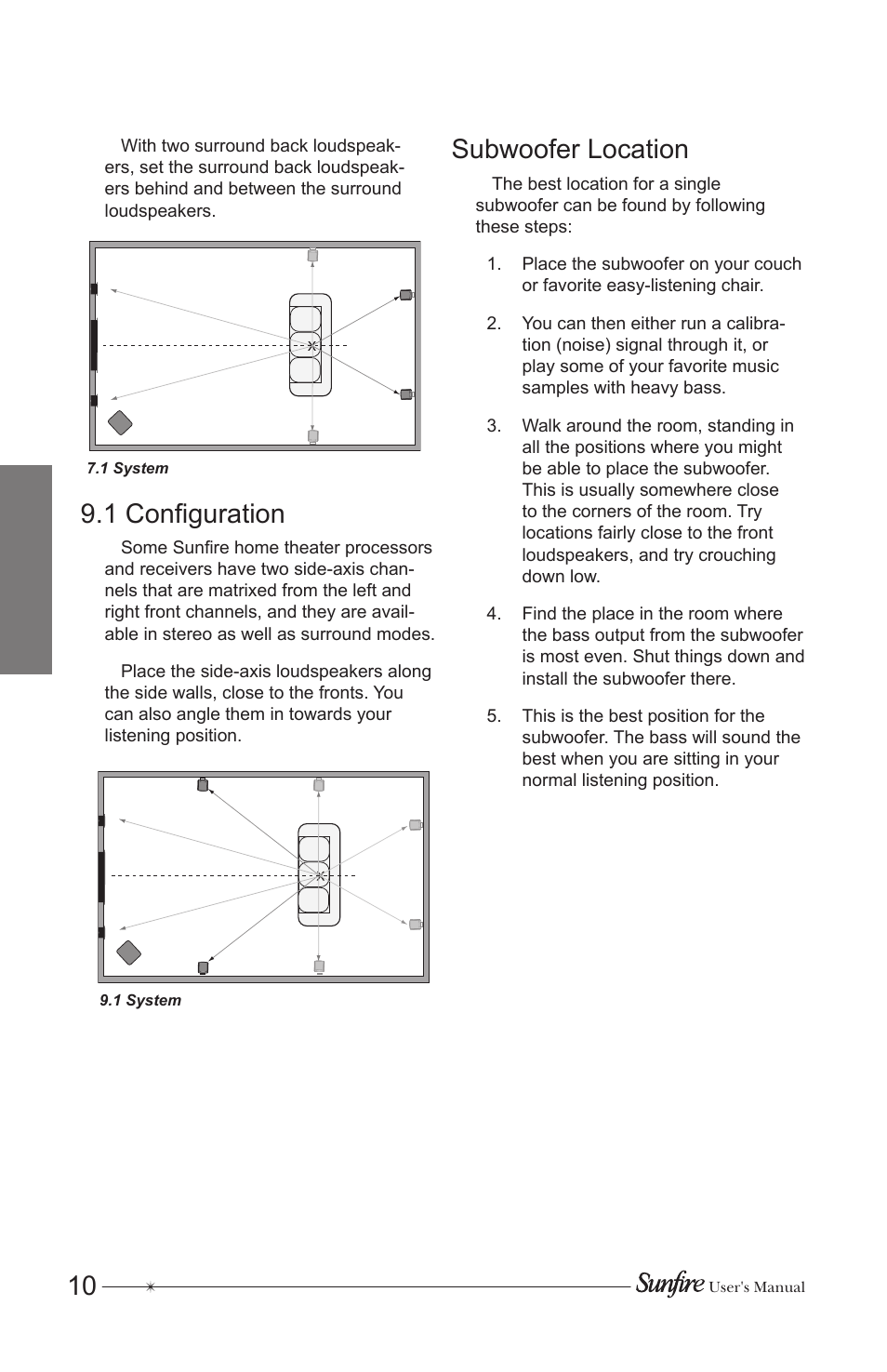 1 configuration, Subwoofer location | Sunfire CRW-3 User Manual | Page 10 / 20