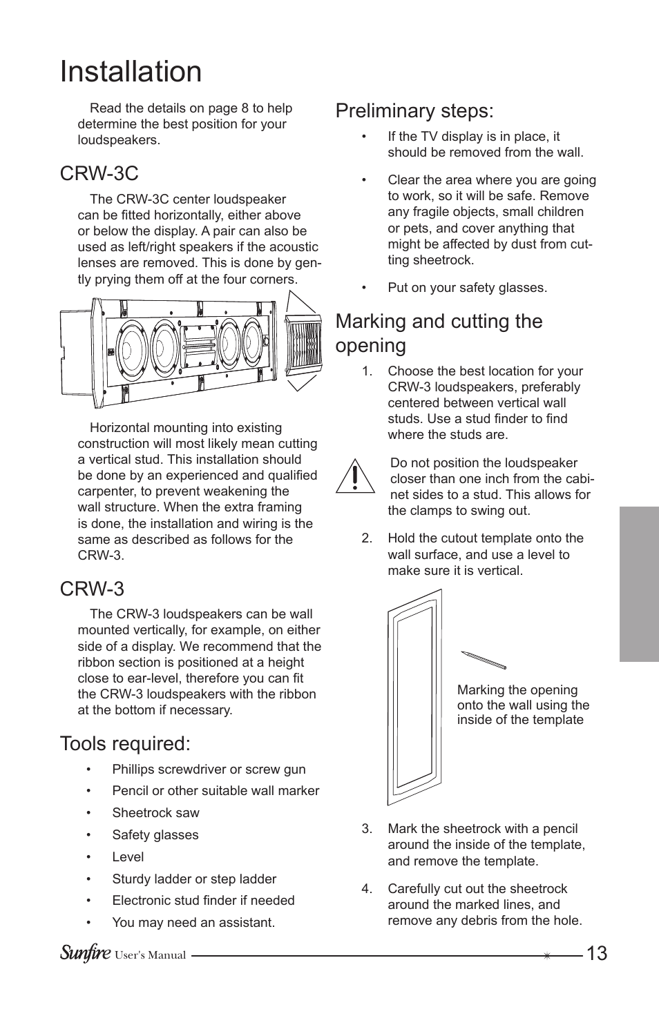 Installation, Crw-3c, Crw-3 | Tools required, Preliminary steps, Marking and cutting the opening | Sunfire CRW-3 User Manual | Page 13 / 20