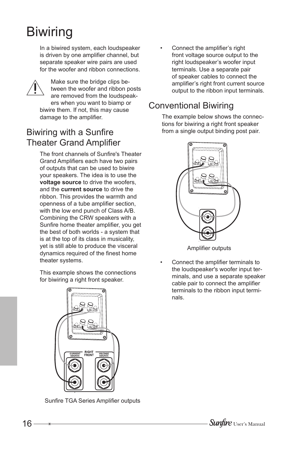 Biwiring, Biwiring with a sunfire theater grand amplifier, Conventional biwiring | Sunfire CRW-3 User Manual | Page 16 / 20