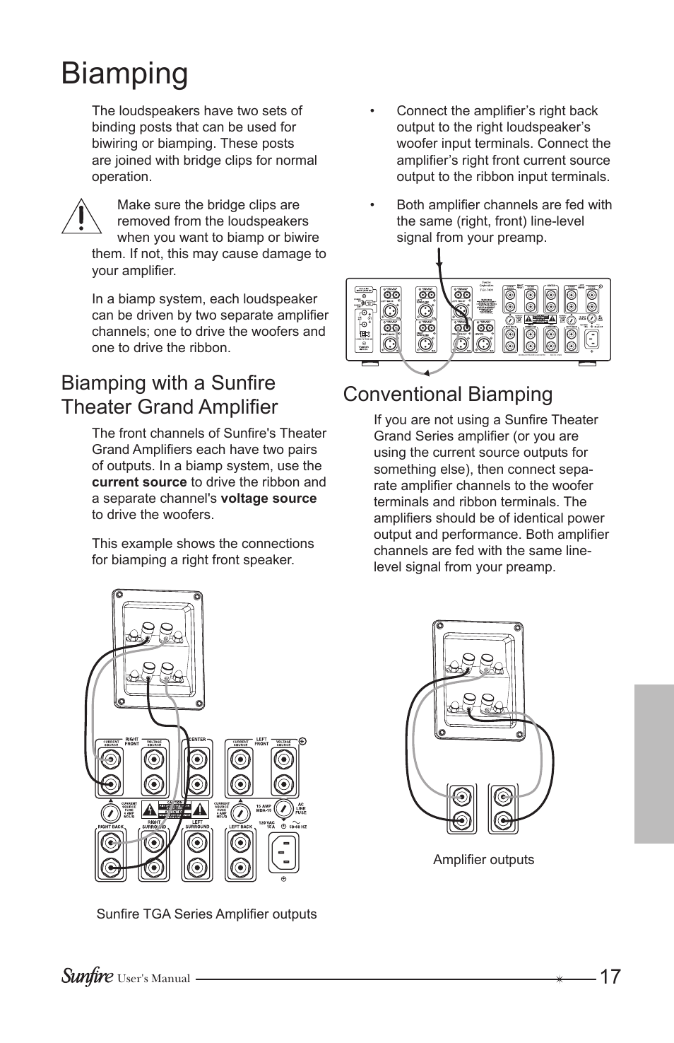 Biamping, Biamping with a sunfire theater grand amplifier, Conventional biamping | Sunfire CRW-3 User Manual | Page 17 / 20