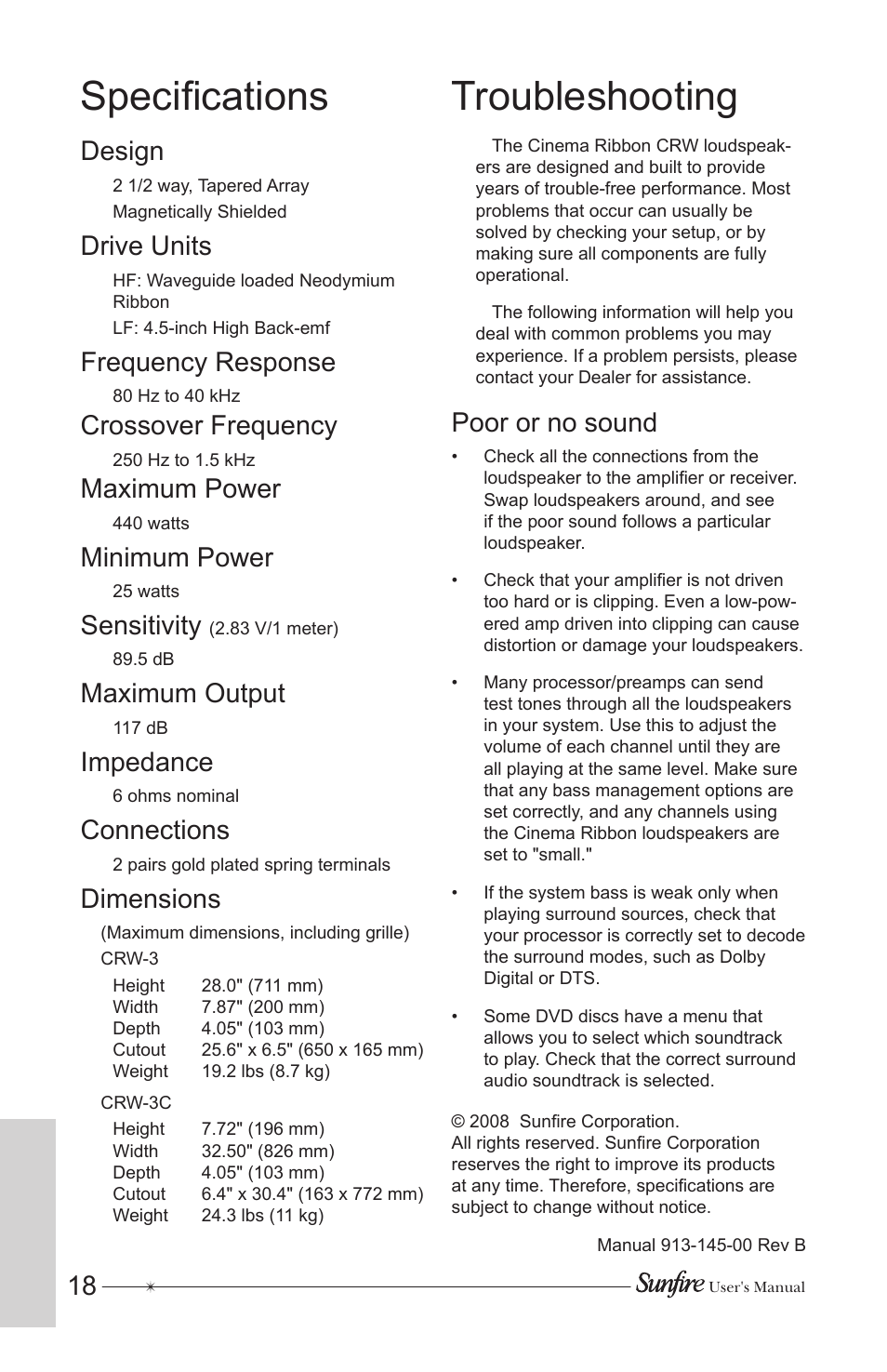 Specifications, Troubleshooting, Design | Drive units, Frequency response, Crossover frequency, Maximum power, Minimum power, Sensitivity, Maximum output | Sunfire CRW-3 User Manual | Page 18 / 20