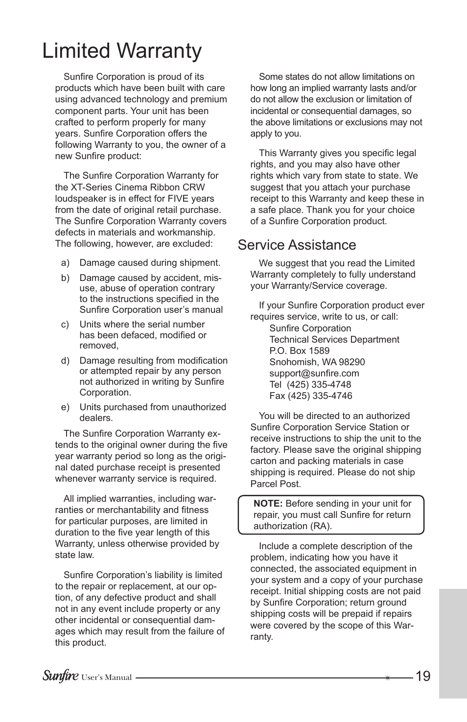 Limited warranty, Service assistance | Sunfire CRW-3 User Manual | Page 19 / 20