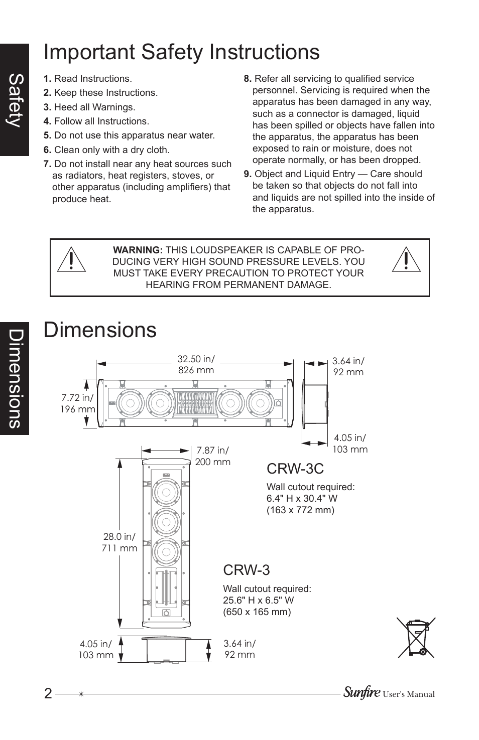 Important safety instructions, Dimensions, Dimensions safety | Crw-3c, Crw-3 | Sunfire CRW-3 User Manual | Page 2 / 20