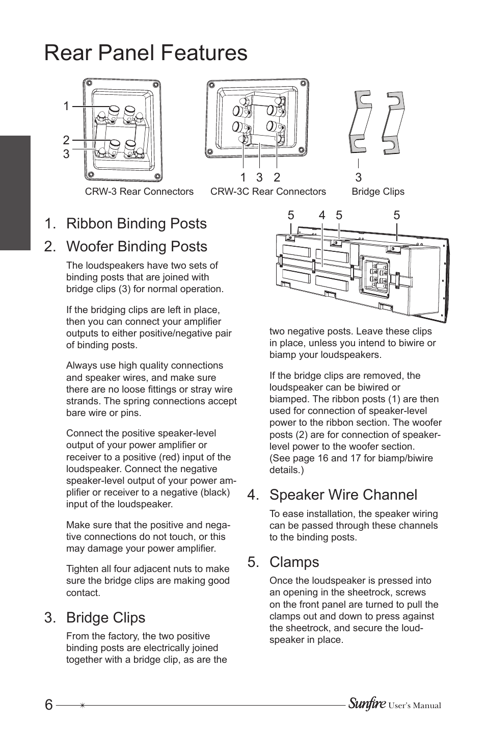 Rear panel features, Ribbon binding posts . woofer binding posts, Bridge clips | Speaker wire channel, Clamps | Sunfire CRW-3 User Manual | Page 6 / 20