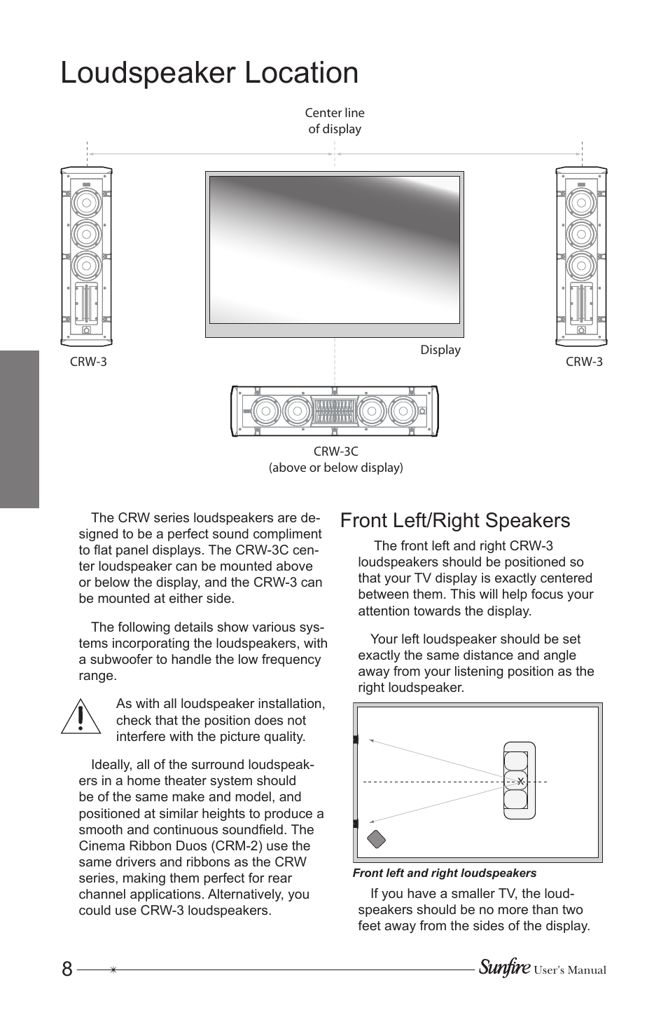 Loudspeaker location, Front left/right speakers | Sunfire CRW-3 User Manual | Page 8 / 20