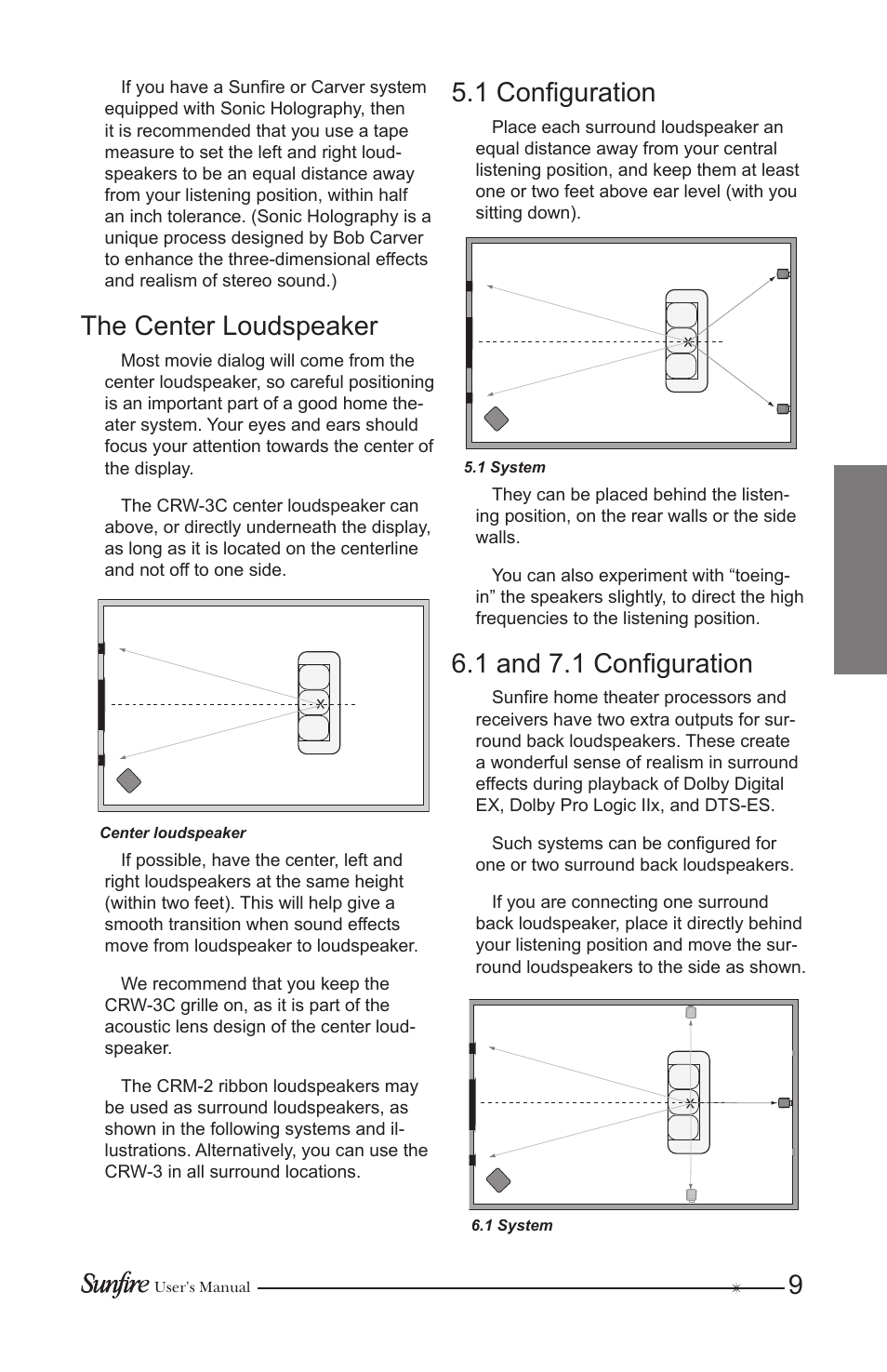 The center loudspeaker, 1 configuration, 1 and 7.1 configuration | Sunfire CRW-3 User Manual | Page 9 / 20