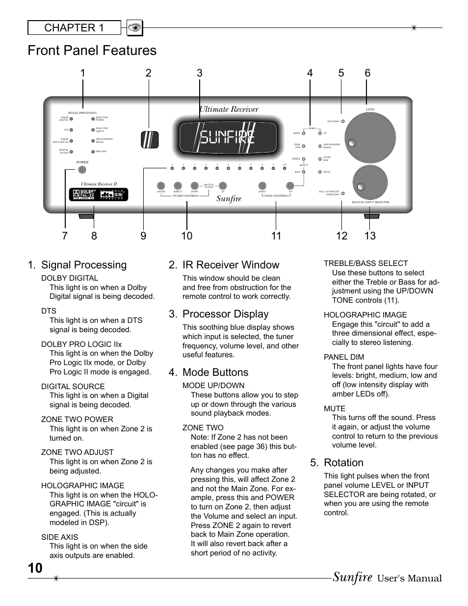 Front panel features, Chapter 1, Signal processing | Ir receiver window, Processor display, Mode buttons, Rotation, User's manual, Ultimate receiver sunfire | Sunfire Radio User Manual | Page 10 / 60