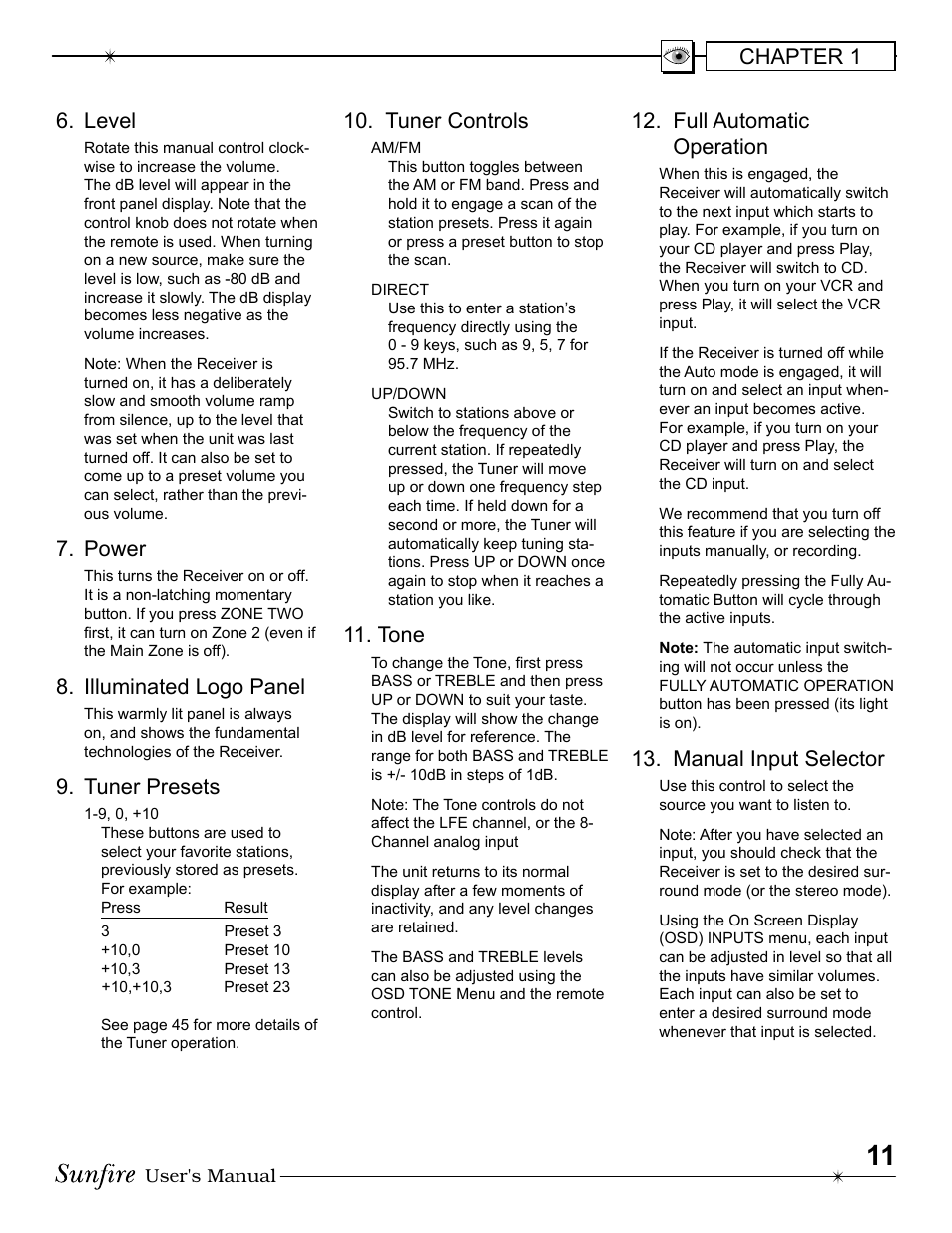 Chapter 1 6. level, Power, Illuminated logo panel | Tuner presets, Tuner controls, Tone, Full au to mat ic operation, Manual input selector | Sunfire Radio User Manual | Page 11 / 60