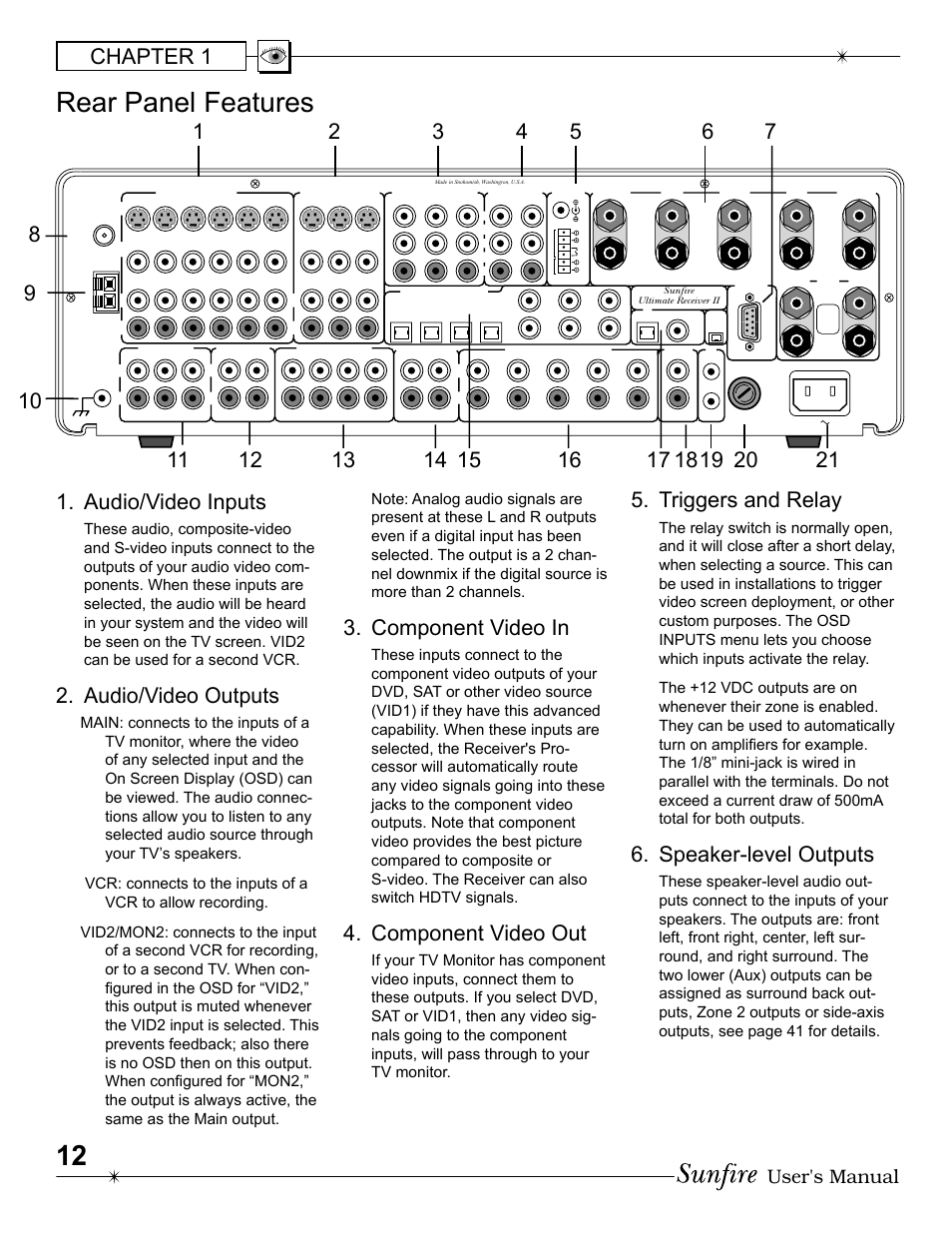 Rear panel fea tures, Chapter 1 5. triggers and relay, Speaker-level outputs | Audio/video inputs, Audio/video outputs, Component video in, Component video out, User's manual | Sunfire Radio User Manual | Page 12 / 60