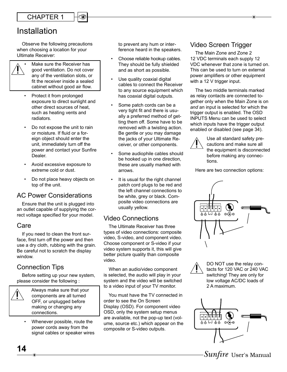 Installation, Chapter 1, Ac power con sid er ations | Care, Connection tips, Video connections, Video screen trigger, User's manual | Sunfire Radio User Manual | Page 14 / 60