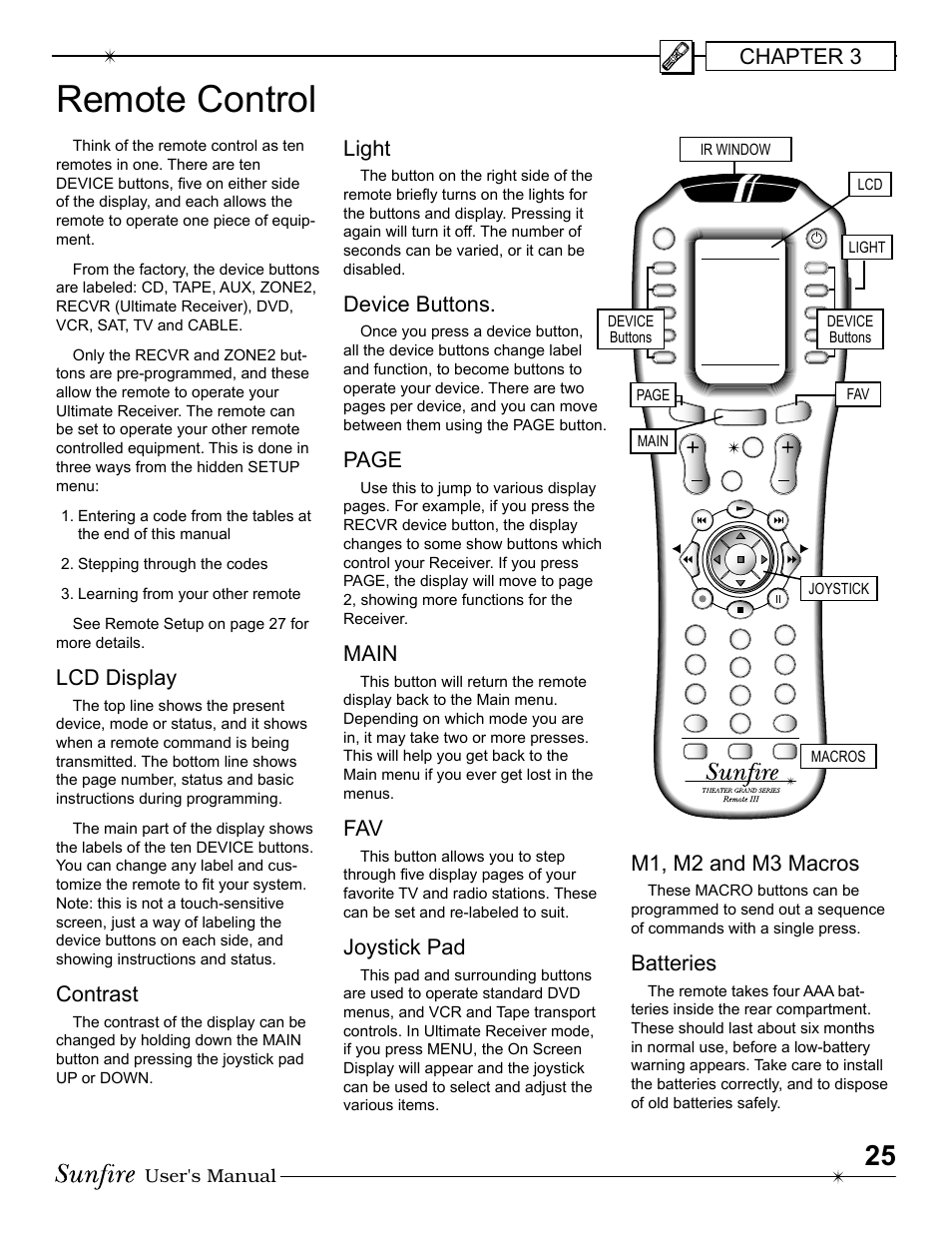 Remote control, Chapter 3, Lcd display | Contrast, Light, Device buttons, Page, Main, Joystick pad, M1, m2 and m3 macros | Sunfire Radio User Manual | Page 25 / 60
