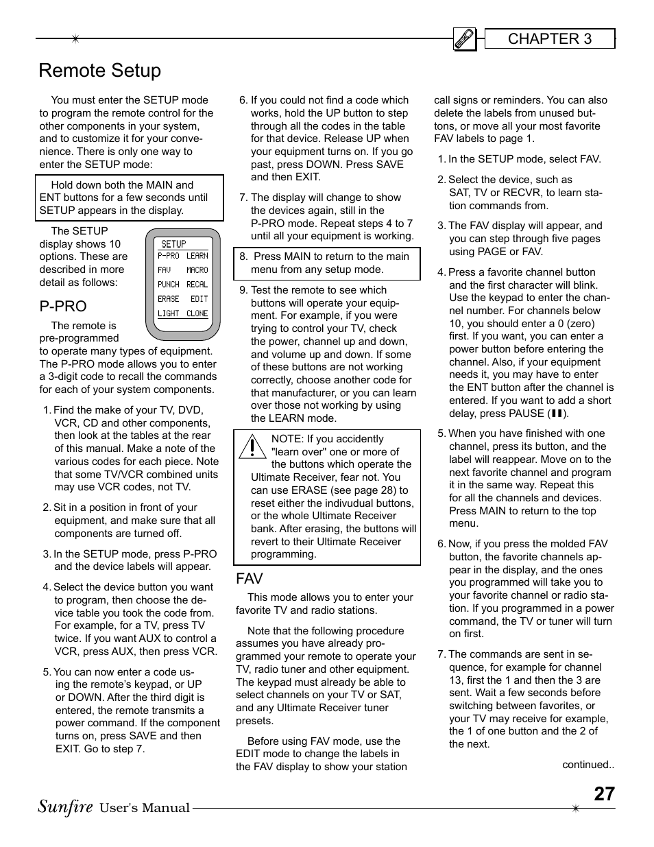 Remote setup, Chapter 3, P-pro | Sunfire Radio User Manual | Page 27 / 60