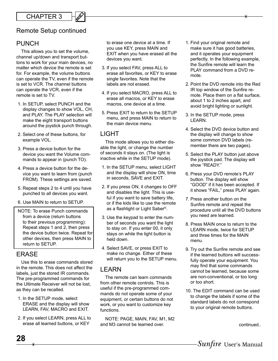 Chapter 3 punch, Erase, Light | Learn, Remote setup continued | Sunfire Radio User Manual | Page 28 / 60