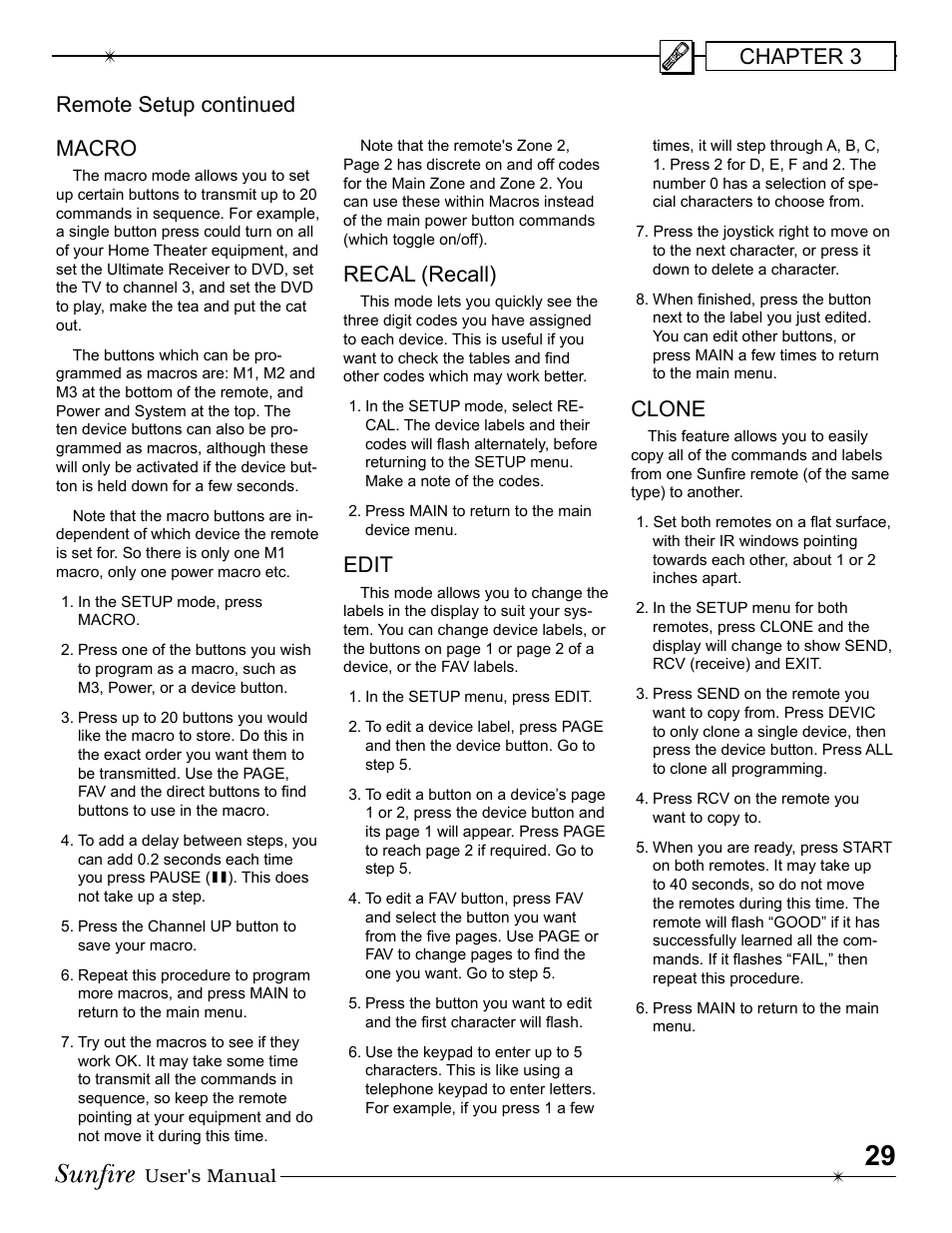 Chapter 3 macro, Recal (recall), Edit | Clone, Remote setup continued | Sunfire Radio User Manual | Page 29 / 60