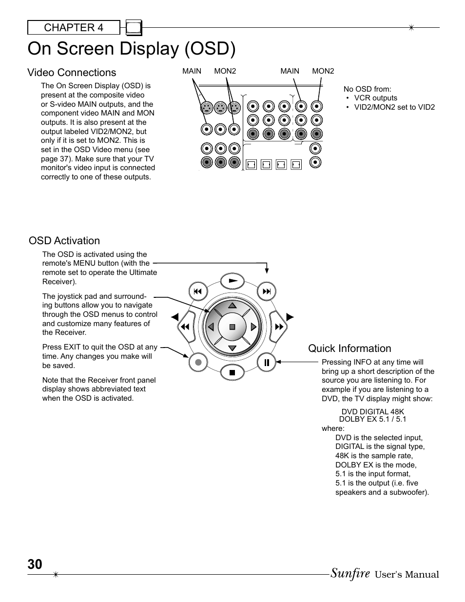 On screen display (osd), Chapter 4, Video connections | Osd activation, Quick information, User's manual | Sunfire Radio User Manual | Page 30 / 60
