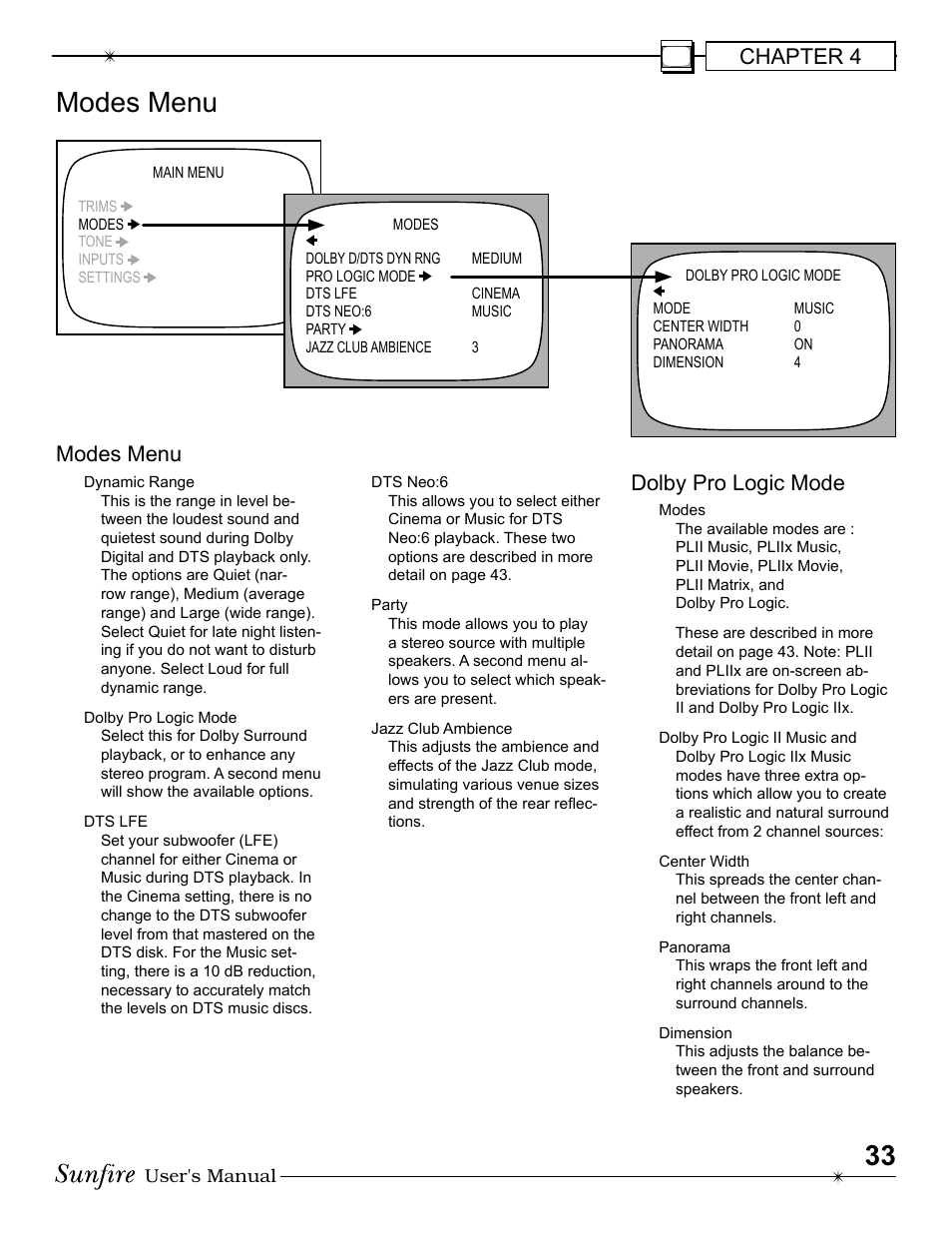 Chapter 4, Modes menu, Dolby pro logic mode | Sunfire Radio User Manual | Page 33 / 60