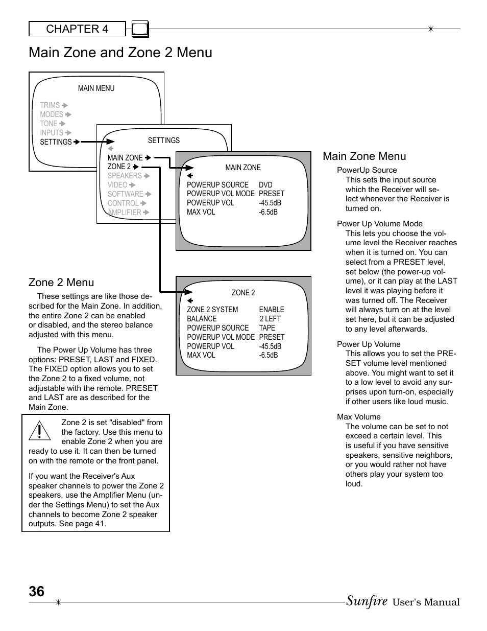 Main zone and zone 2 menu, Chapter 4, Main zone menu | Zone 2 menu | Sunfire Radio User Manual | Page 36 / 60