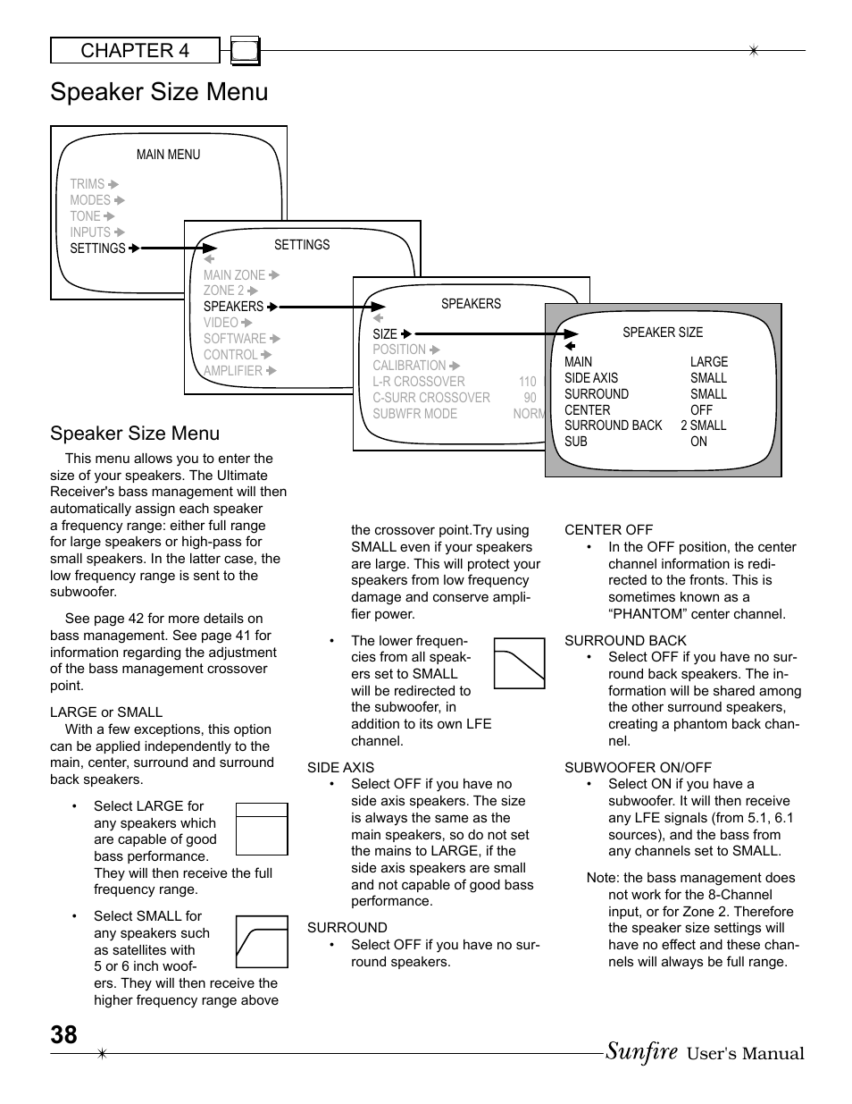 Speaker size menu, Chapter 4, User's manual | Sunfire Radio User Manual | Page 38 / 60