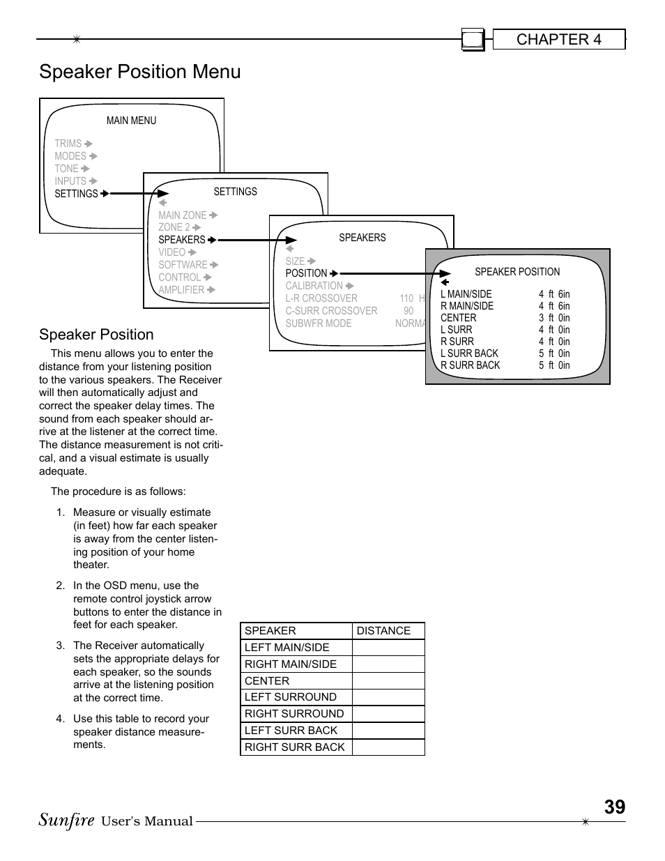 Speaker position menu, Chapter 4, Speaker position | Sunfire Radio User Manual | Page 39 / 60