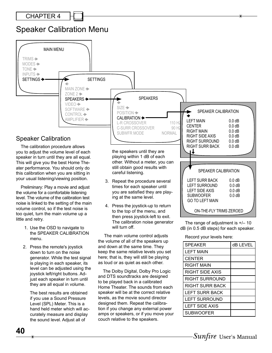 Speaker calibration menu, Chapter 4, Speaker calibration | User's manual | Sunfire Radio User Manual | Page 40 / 60
