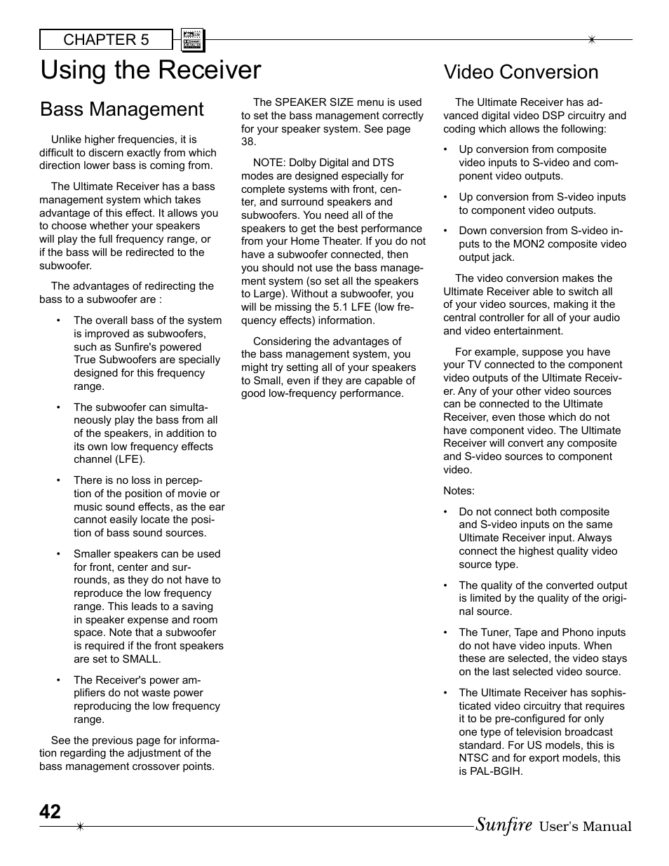 Using the receiver, Bass management, Video conversion | Chapter 5 | Sunfire Radio User Manual | Page 42 / 60