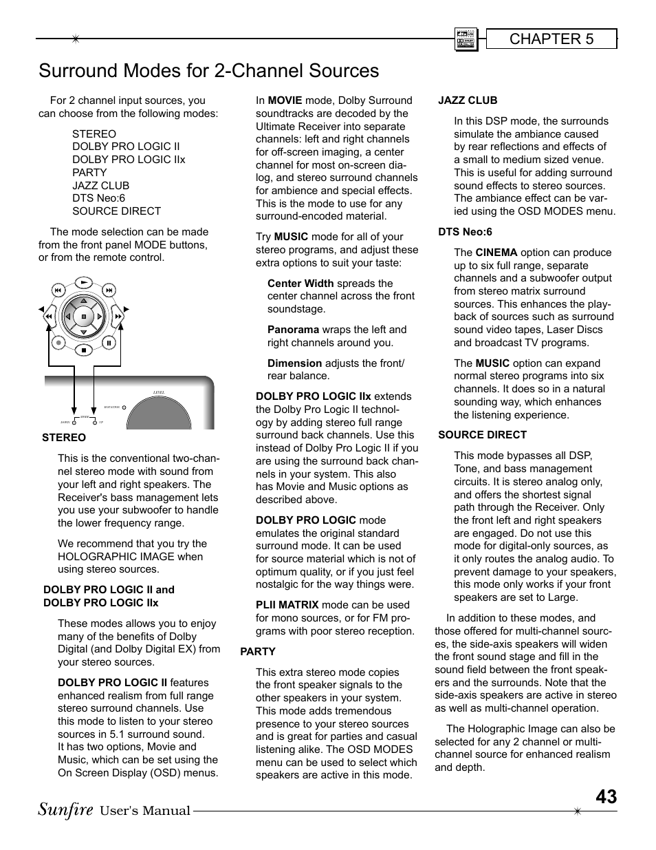 Surround modes for 2-channel sources, Chapter 5, User's manual | Sunfire Radio User Manual | Page 43 / 60
