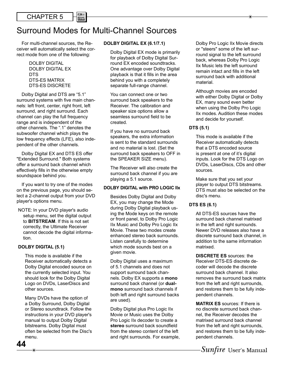 Surround modes for multi-channel sources, Chapter 5 | Sunfire Radio User Manual | Page 44 / 60