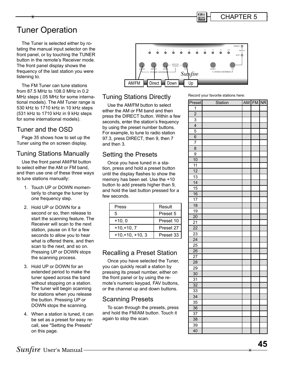 Tuner operation, Chapter 5, Tuner and the osd | Tuning stations manually, Tuning stations directly, Setting the presets, Recalling a preset station, Scanning presets, Sunfire, User's manual | Sunfire Radio User Manual | Page 45 / 60