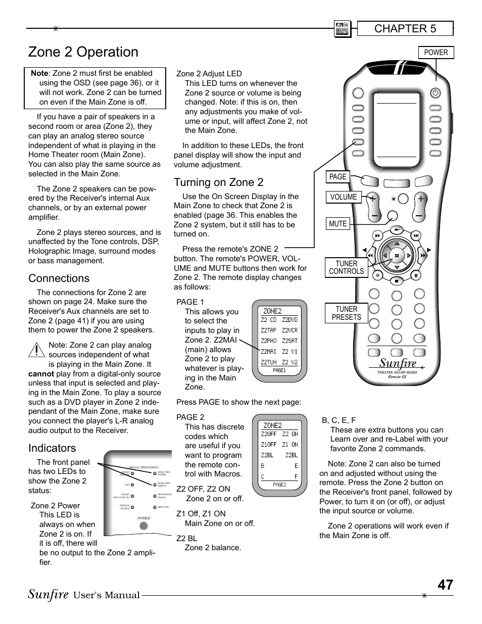 Zone 2 operation, Chapter 5, Connections | Indicators, Turning on zone 2, User's manual, Main | Sunfire Radio User Manual | Page 47 / 60