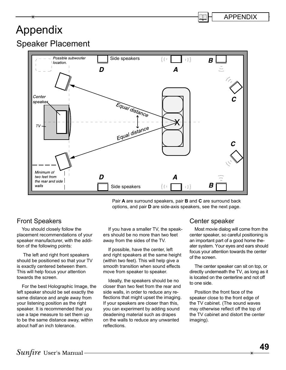 Speaker place ment, Appendix, Front speak ers | Center speak er | Sunfire Radio User Manual | Page 49 / 60