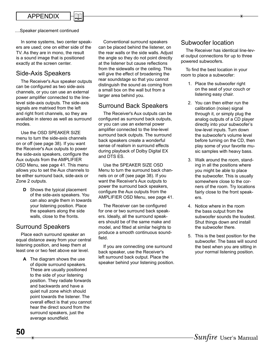 Appendix, Side-axis speakers, Surround speak ers | Surround back speakers, Subwoofer location | Sunfire Radio User Manual | Page 50 / 60
