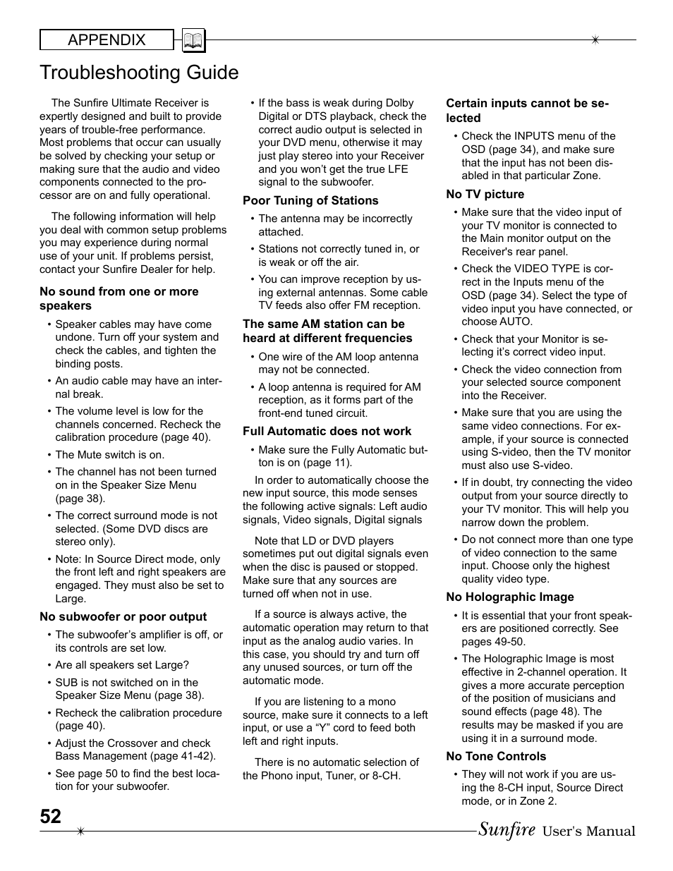 Troubleshooting guide, Appendix | Sunfire Radio User Manual | Page 52 / 60