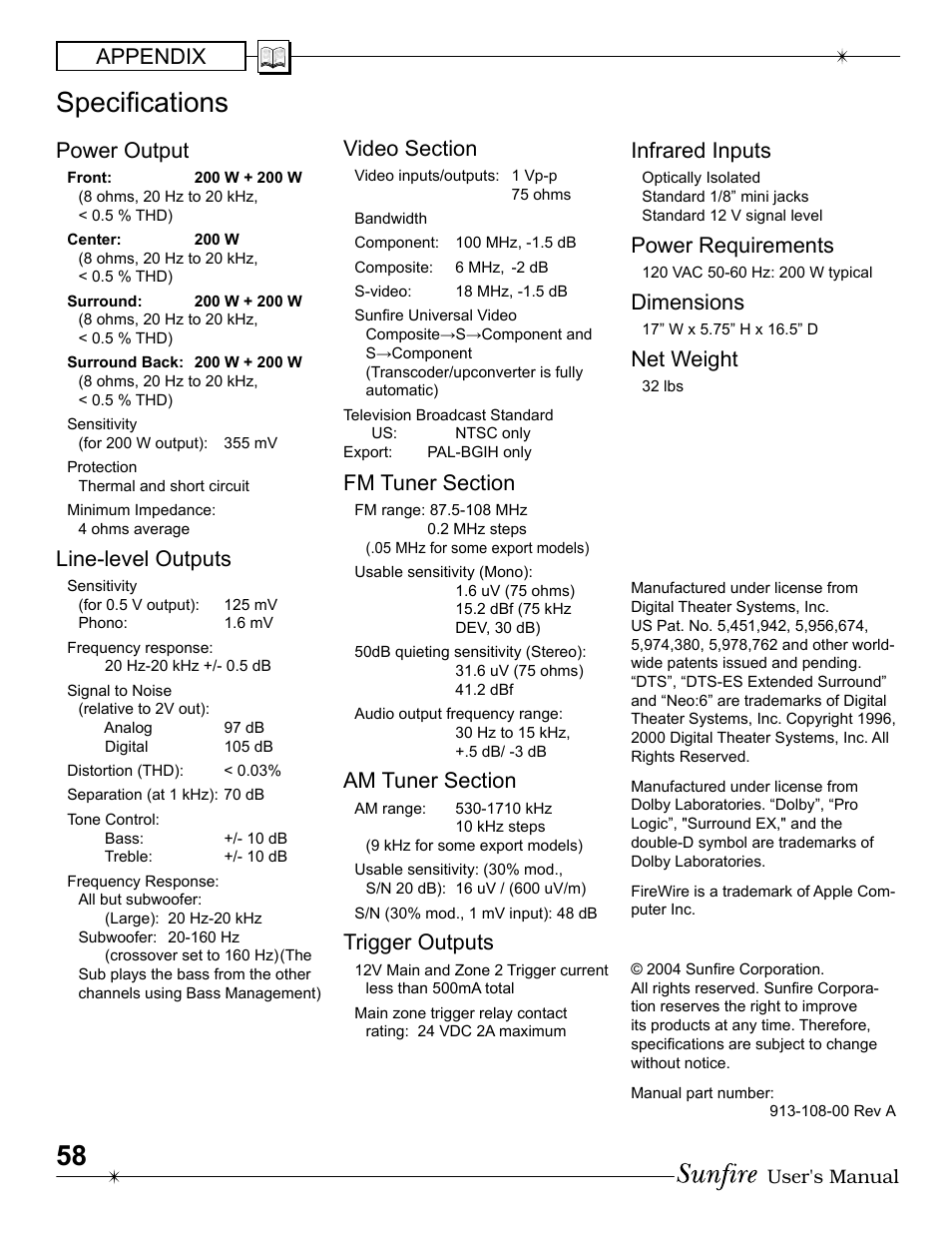 Speciþ cations, Appendix, Power output | Line-level outputs, Trigger outputs, Infrared inputs, Power requirements, Dimensions, Net weight | Sunfire Radio User Manual | Page 58 / 60