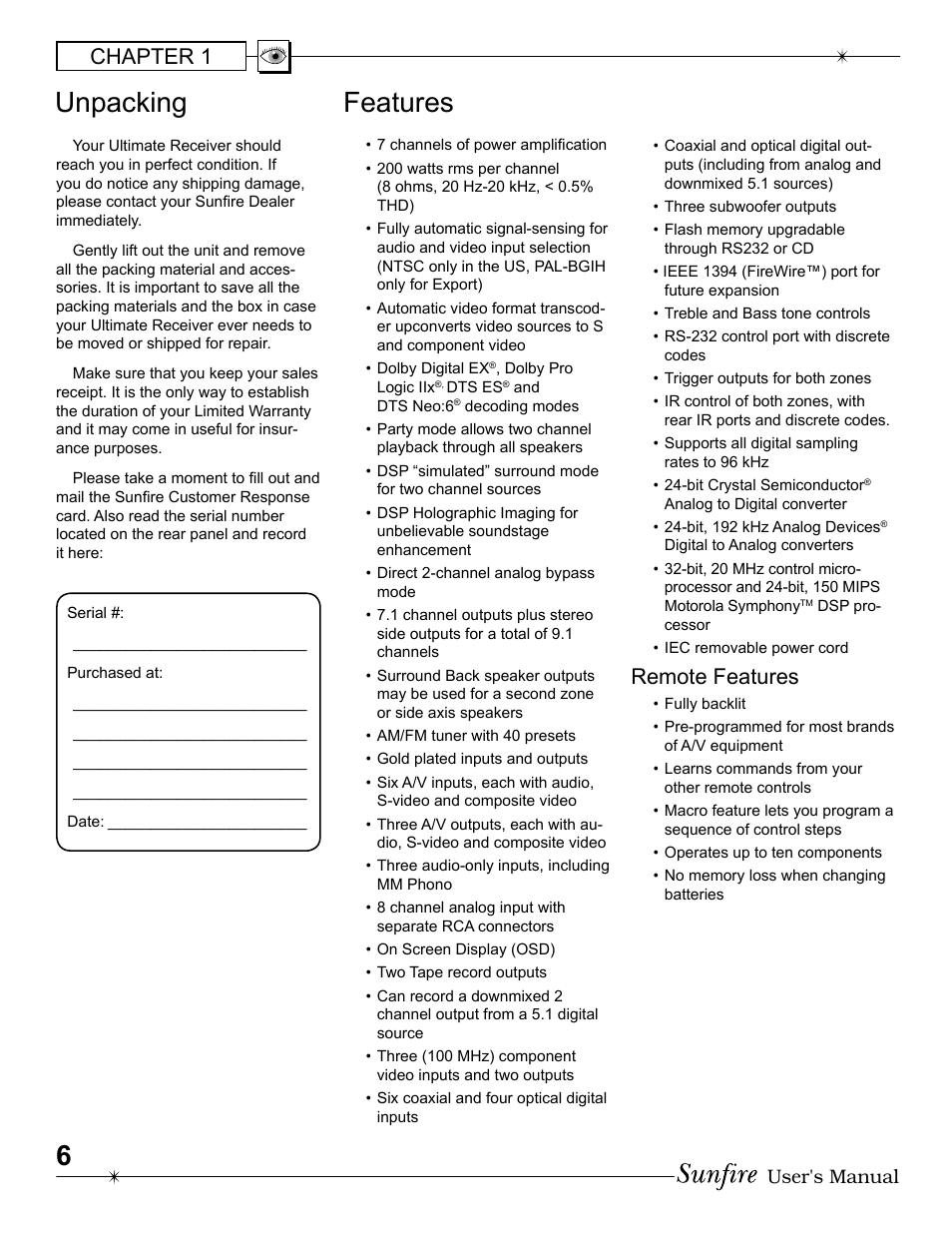 Unpacking features, Chapter 1, Remote features | User's manual | Sunfire Radio User Manual | Page 6 / 60