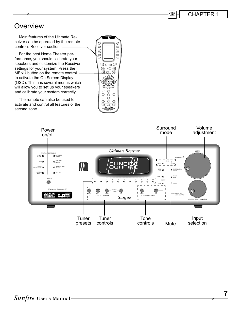 Overview, Chapter 1, User's manual | Surround mode power on/off, Input selection, Ultimate receiver sunfire | Sunfire Radio User Manual | Page 7 / 60