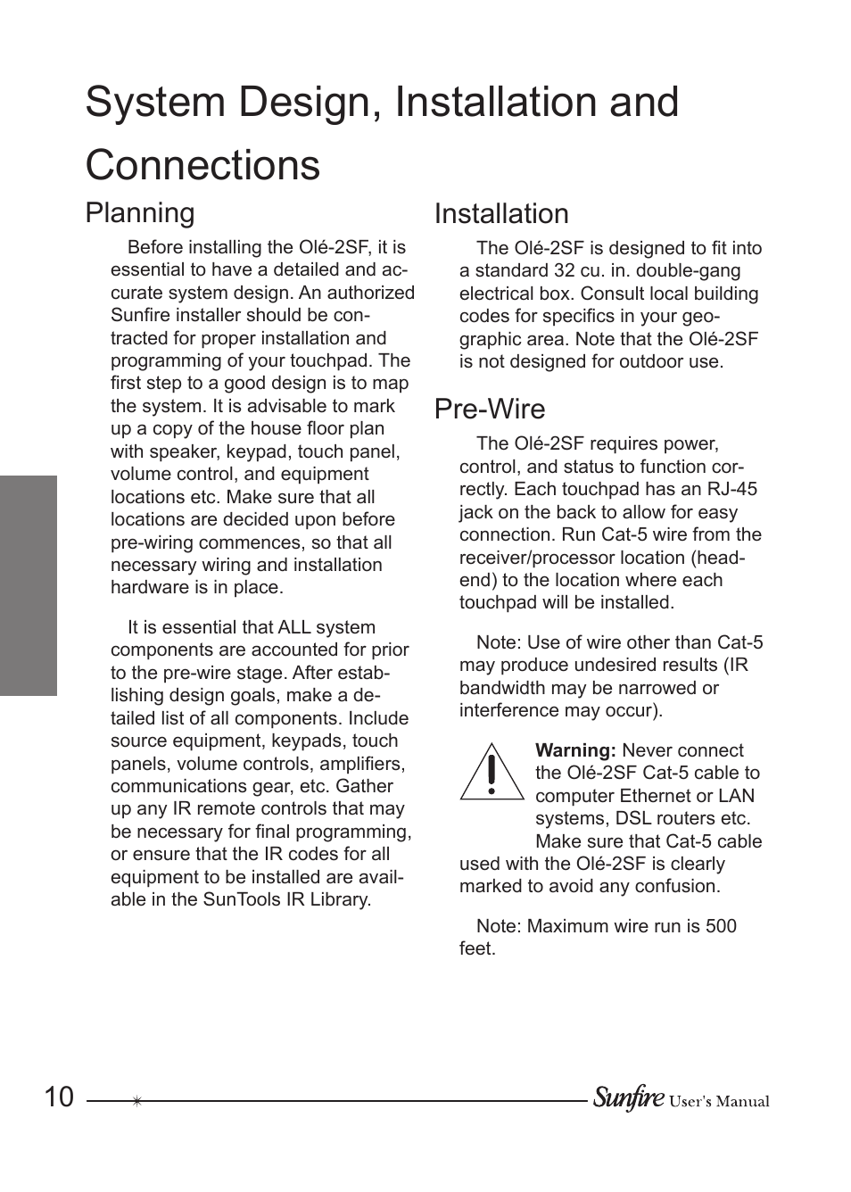 System design, installation and connections, Planning, Installation | Pre-wire | Sunfire OLE-2SF User Manual | Page 10 / 24