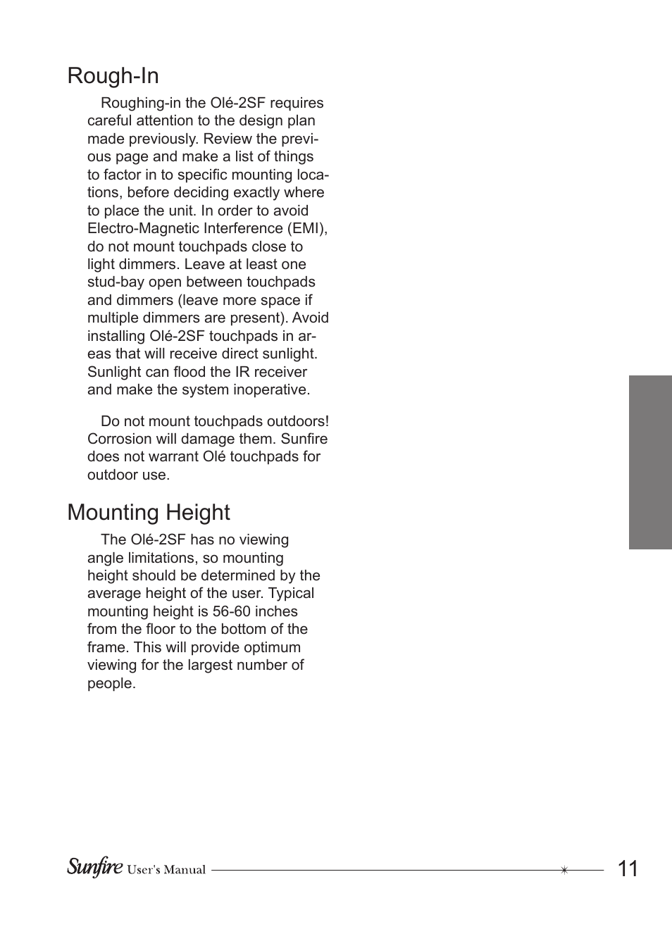 Rough-in, Mounting height | Sunfire OLE-2SF User Manual | Page 11 / 24
